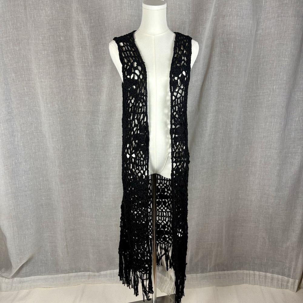 Open Front Long Crochet Vest Duster Black Maxi Fringe Bohemian Festival Size L